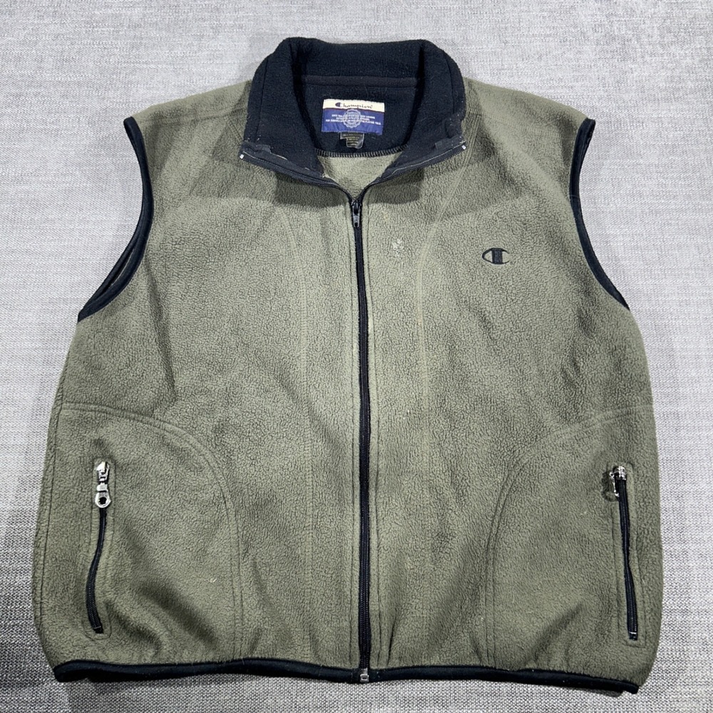 Champion Fleece Vest Mens L Olive Green Good Full Zip‎ Mock Neck Logo Gorpcore